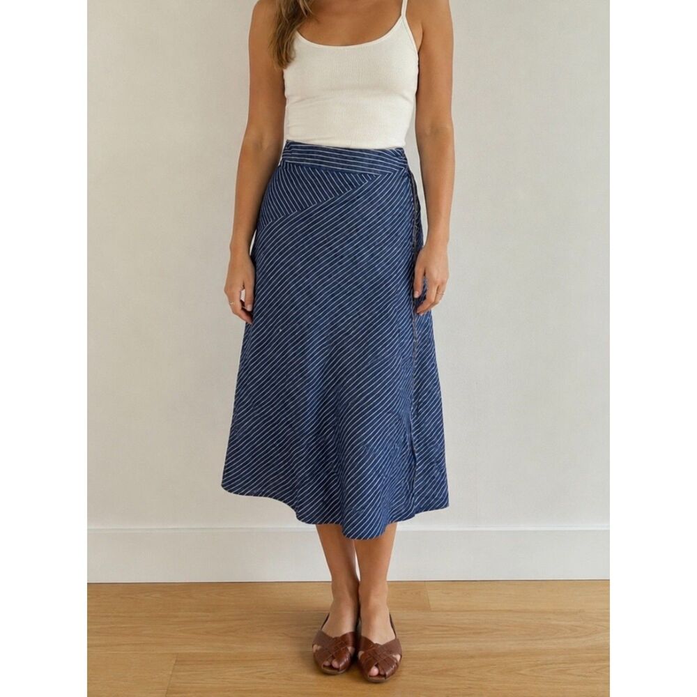Vintage Y2K Midi Denim Striped Lace Up Cotton Boho Western Pinstripe Skirt